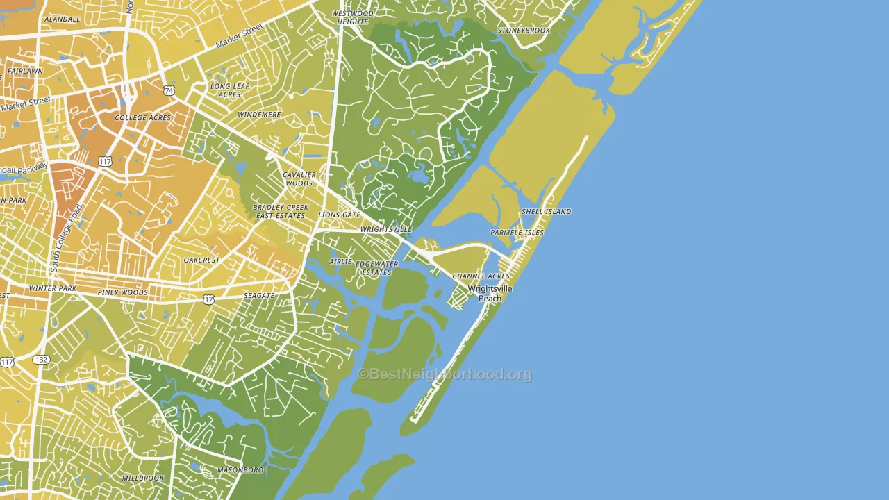 Map of the best neighborhoods in the Wrightsville Beach area, with better matches in green and worse matches in red