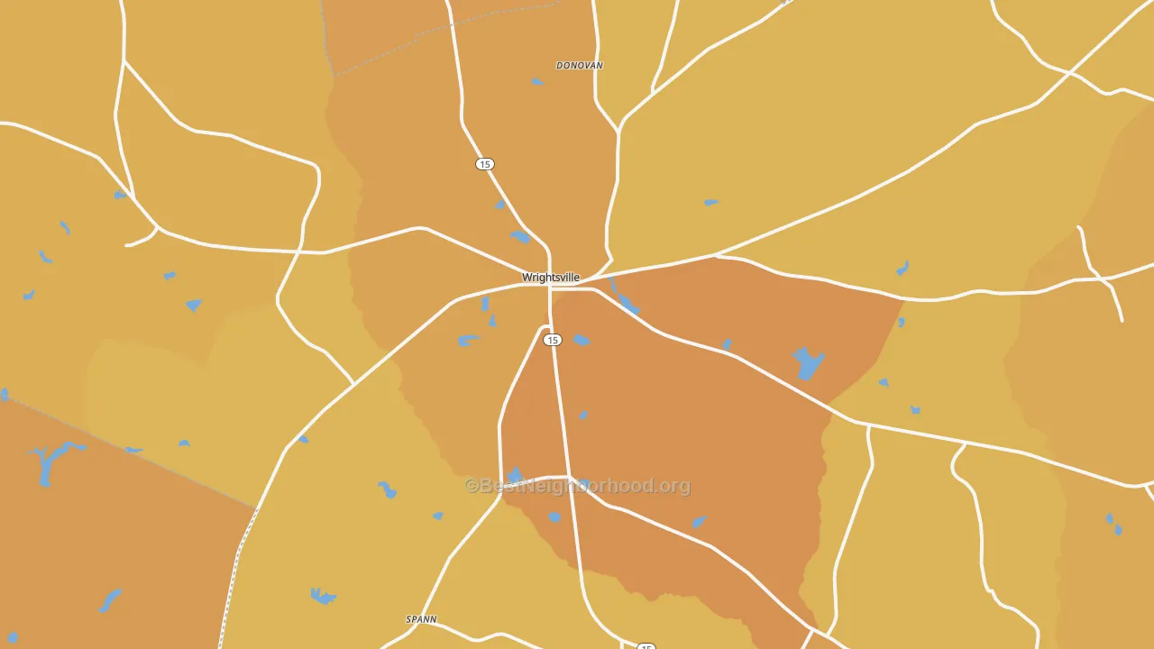 Map of the best neighborhoods in the Wrightsville area, with better matches in green and worse matches in red