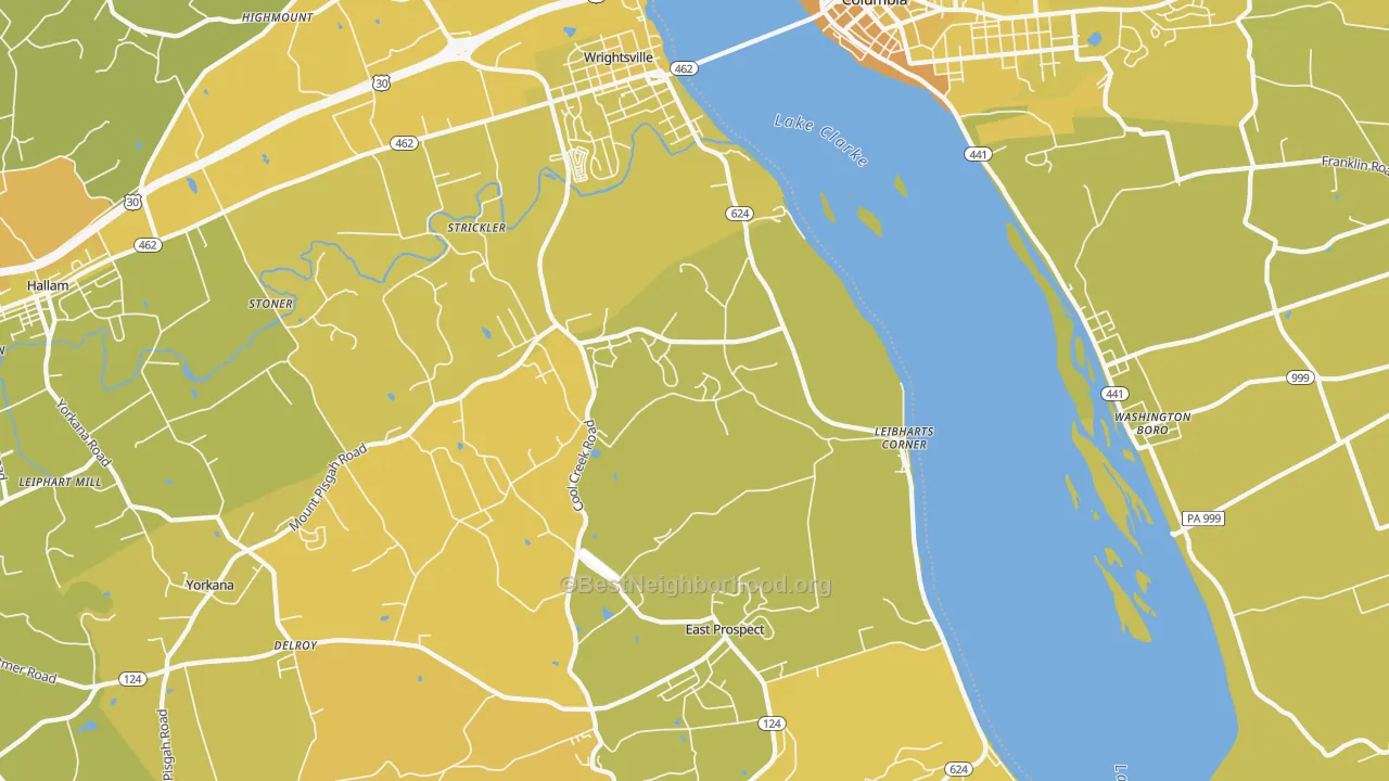 Map of the best neighborhoods in the Wrightsville area, with better matches in green and worse matches in red