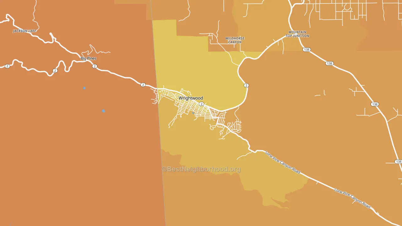 Map of the best neighborhoods in the Wrightwood area, with better matches in green and worse matches in red
