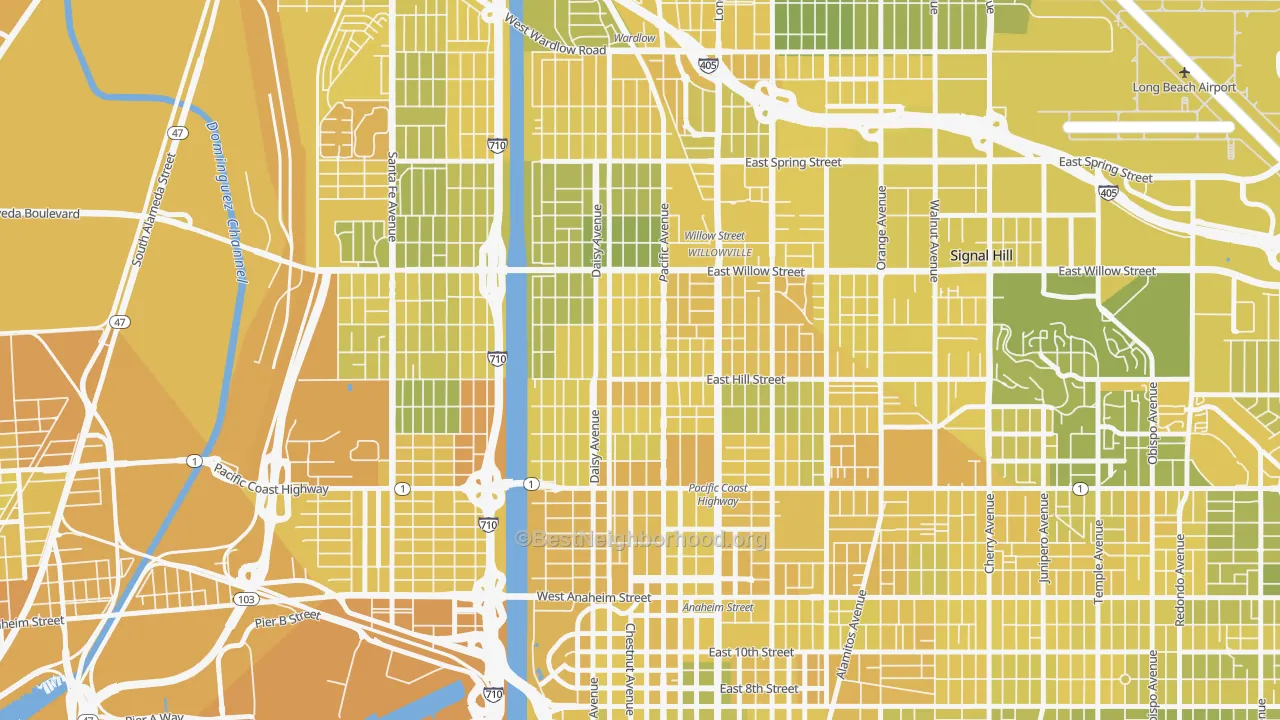 Map of the best neighborhoods in the Wrigley, Long Beach area, with better matches in green and worse matches in red