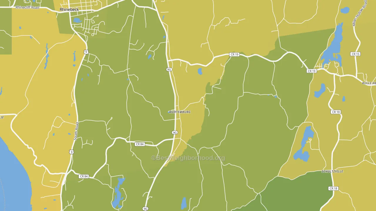 Map of the best neighborhoods in the Wurtemburg area, with better matches in green and worse matches in red