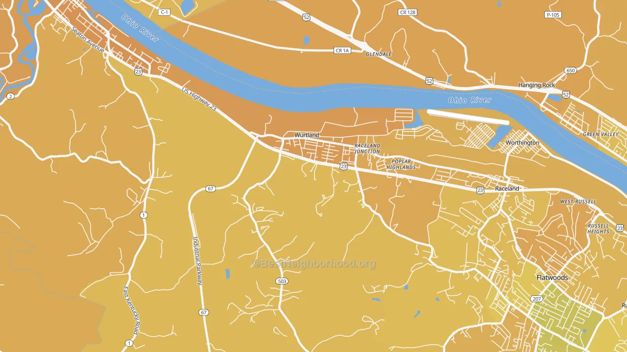 Map of the best neighborhoods in the Wurtland area, with better matches in green and worse matches in red
