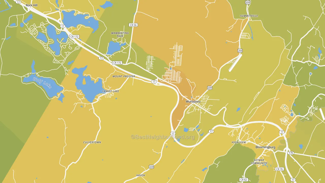 Map of the best neighborhoods in the Wurtsboro area, with better matches in green and worse matches in red