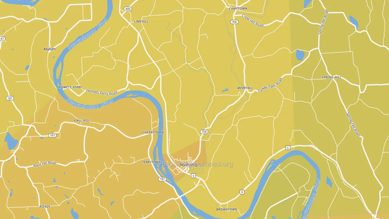 Map of the best neighborhoods in the Wyalusing area, with better matches in green and worse matches in red