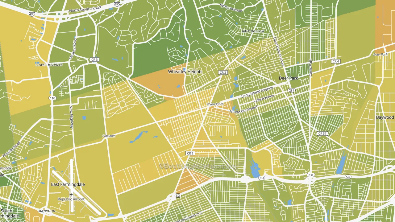 Map of the best neighborhoods in the Wyandanch area, with better matches in green and worse matches in red