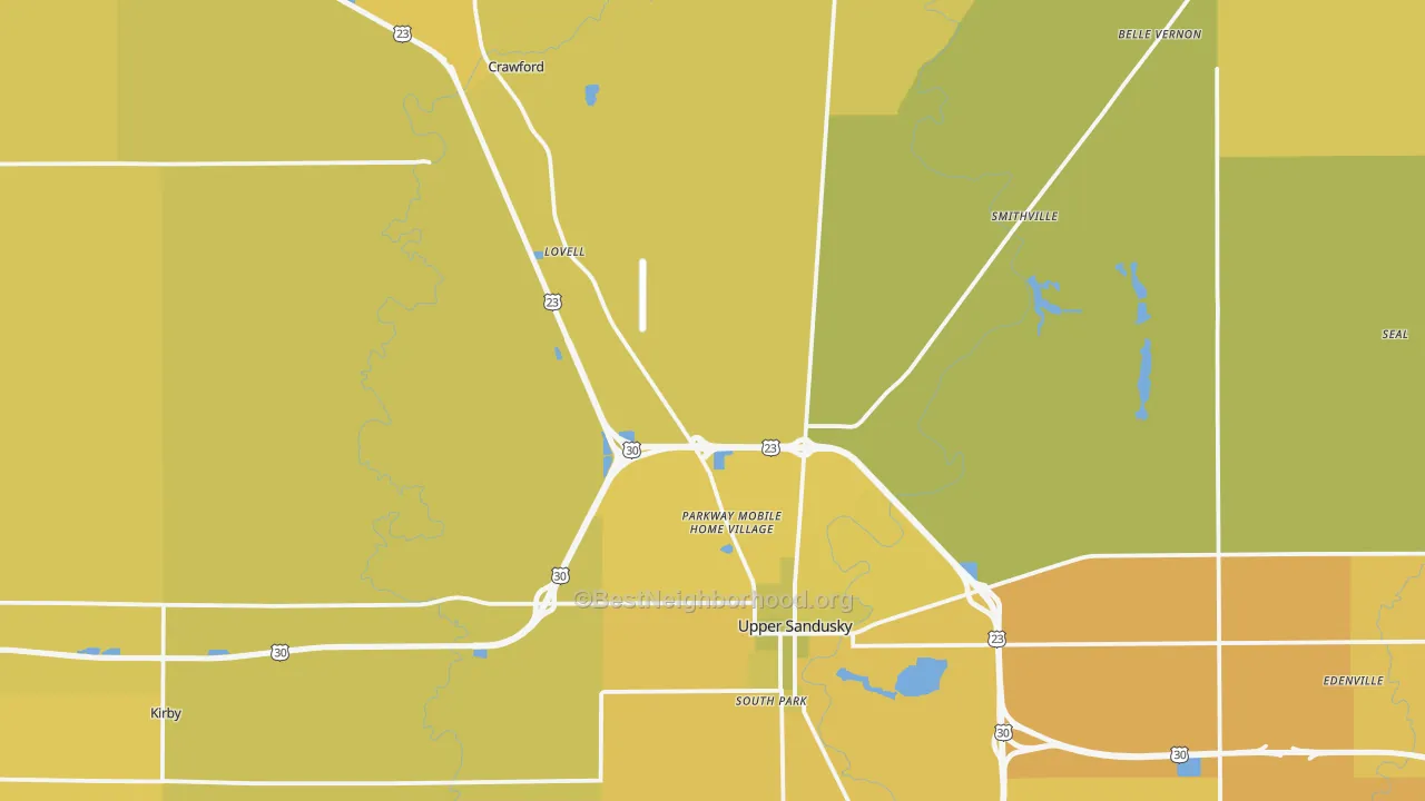 Map of the best neighborhoods in the Wyandot County area, with better matches in green and worse matches in red