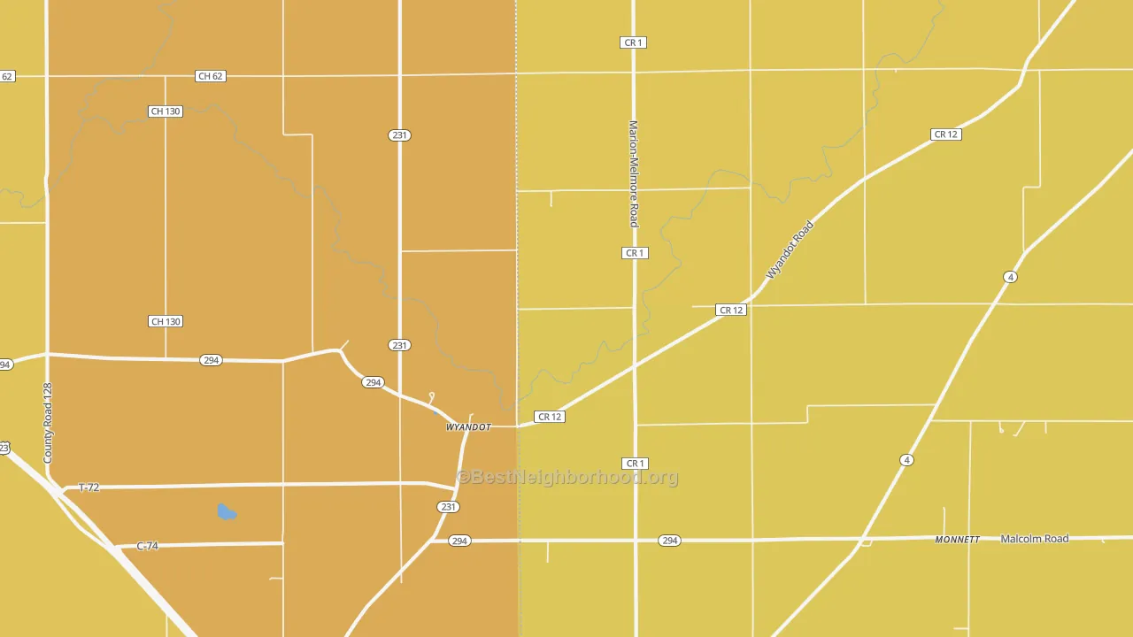 Map of the best neighborhoods in the Wyandot area, with better matches in green and worse matches in red