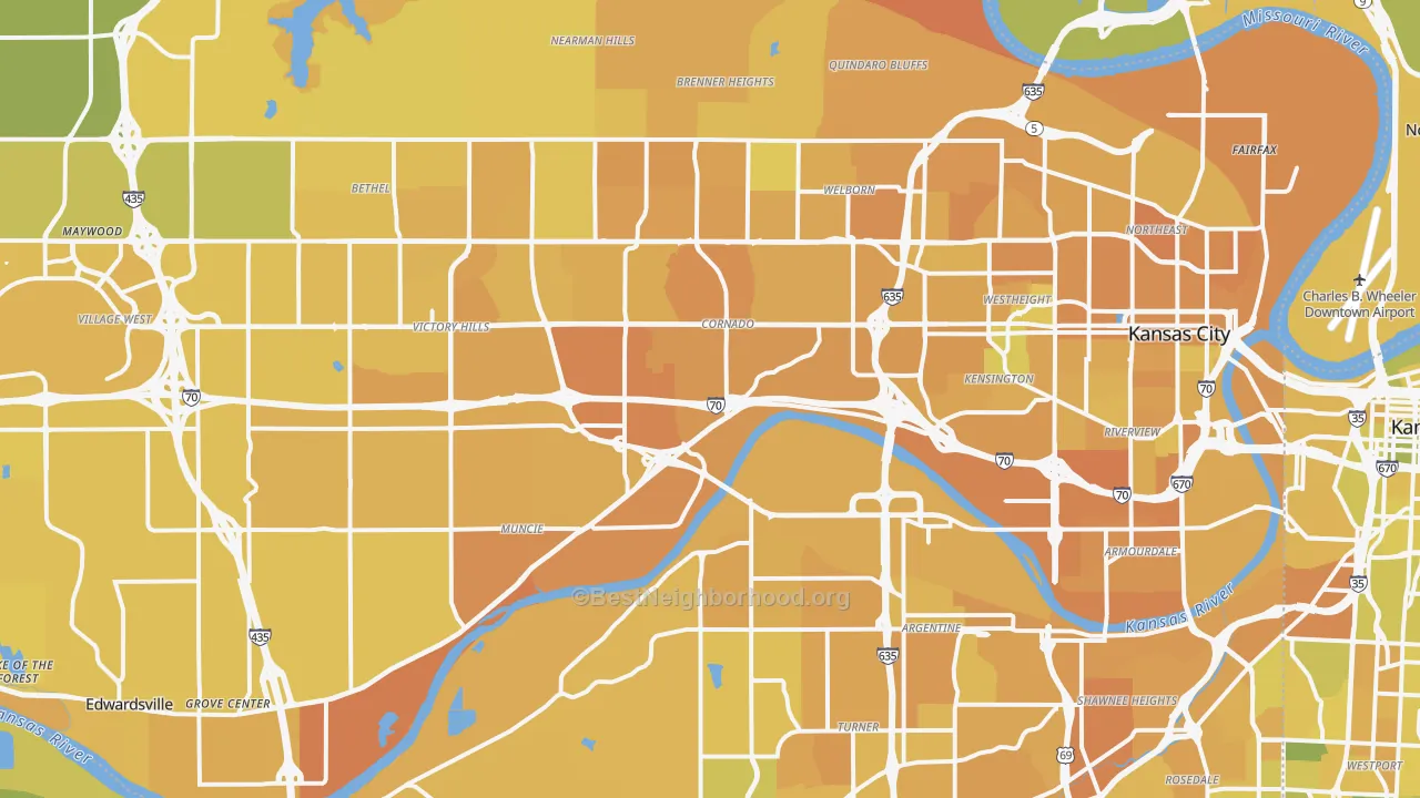 Map of the best neighborhoods in the Wyandotte County area, with better matches in green and worse matches in red