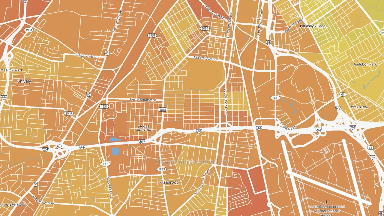 Map of the best neighborhoods in the Wyandotte, Louisville area, with better matches in green and worse matches in red