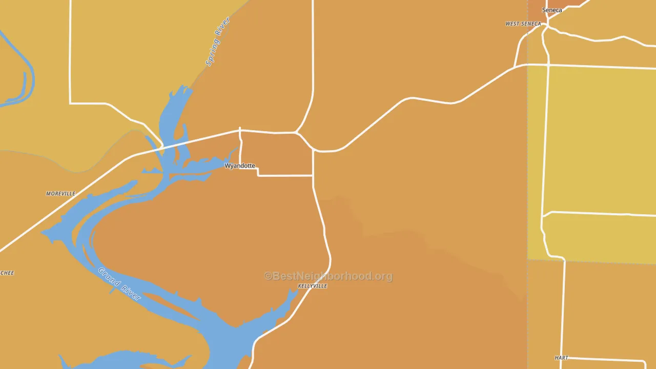 Map of the best neighborhoods in the Wyandotte area, with better matches in green and worse matches in red