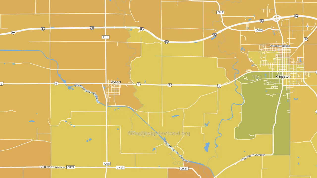 Map of the best neighborhoods in the Wyanet area, with better matches in green and worse matches in red