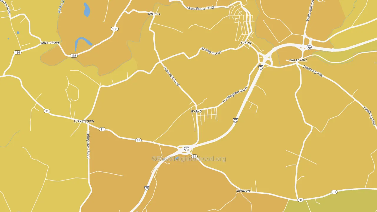 Map of the best neighborhoods in the Wyano area, with better matches in green and worse matches in red