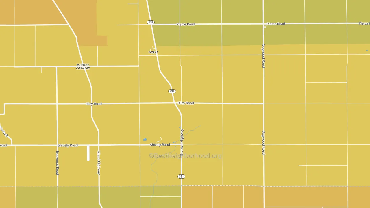 Map of the best neighborhoods in the Wyatt area, with better matches in green and worse matches in red