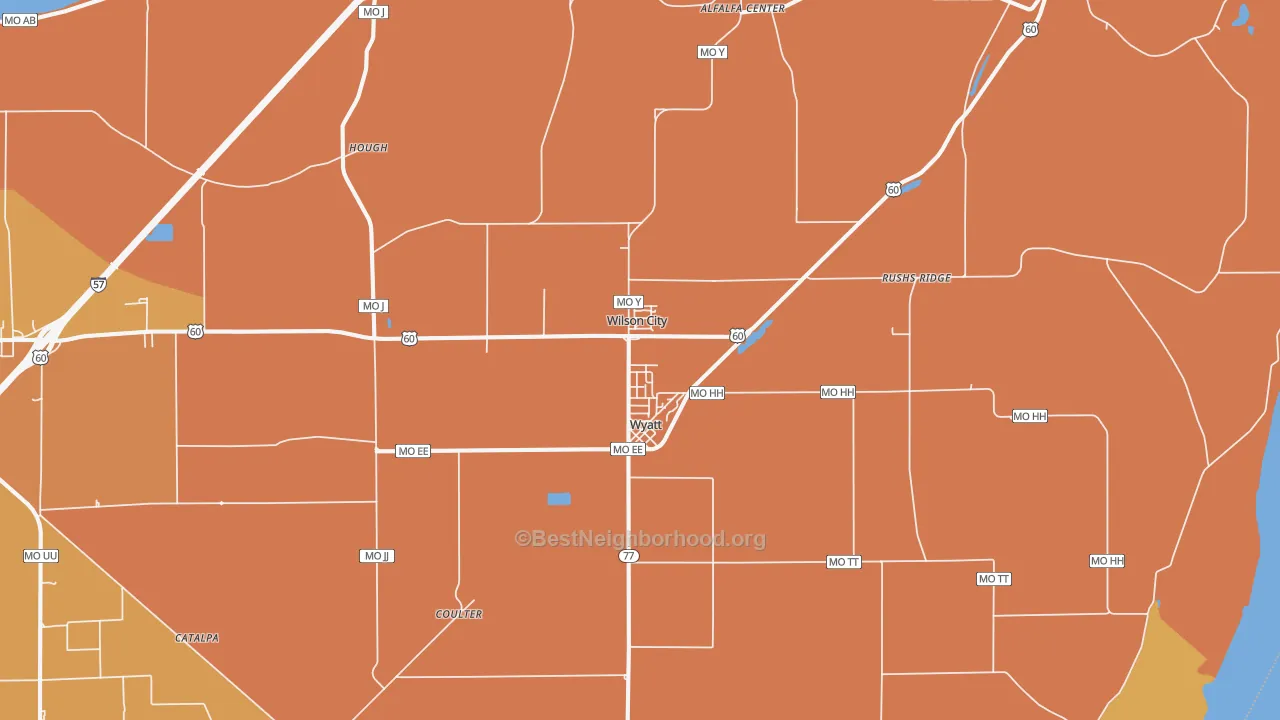 Map of the best neighborhoods in the Wyatt area, with better matches in green and worse matches in red