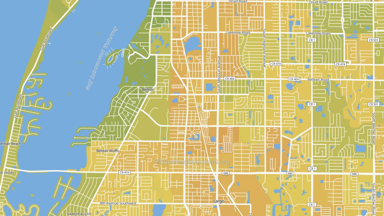 Map of the best neighborhoods in the Wyatt Street, Largo area, with better matches in green and worse matches in red