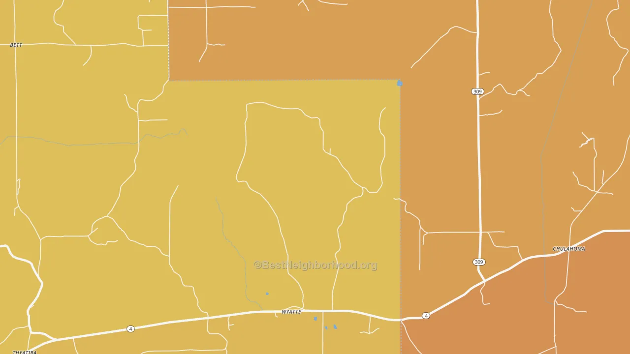 Map of the best neighborhoods in the Wyatte area, with better matches in green and worse matches in red