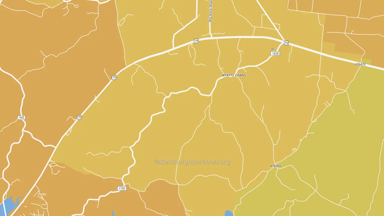 Map of the best neighborhoods in the Wyatts Chapel area, with better matches in green and worse matches in red