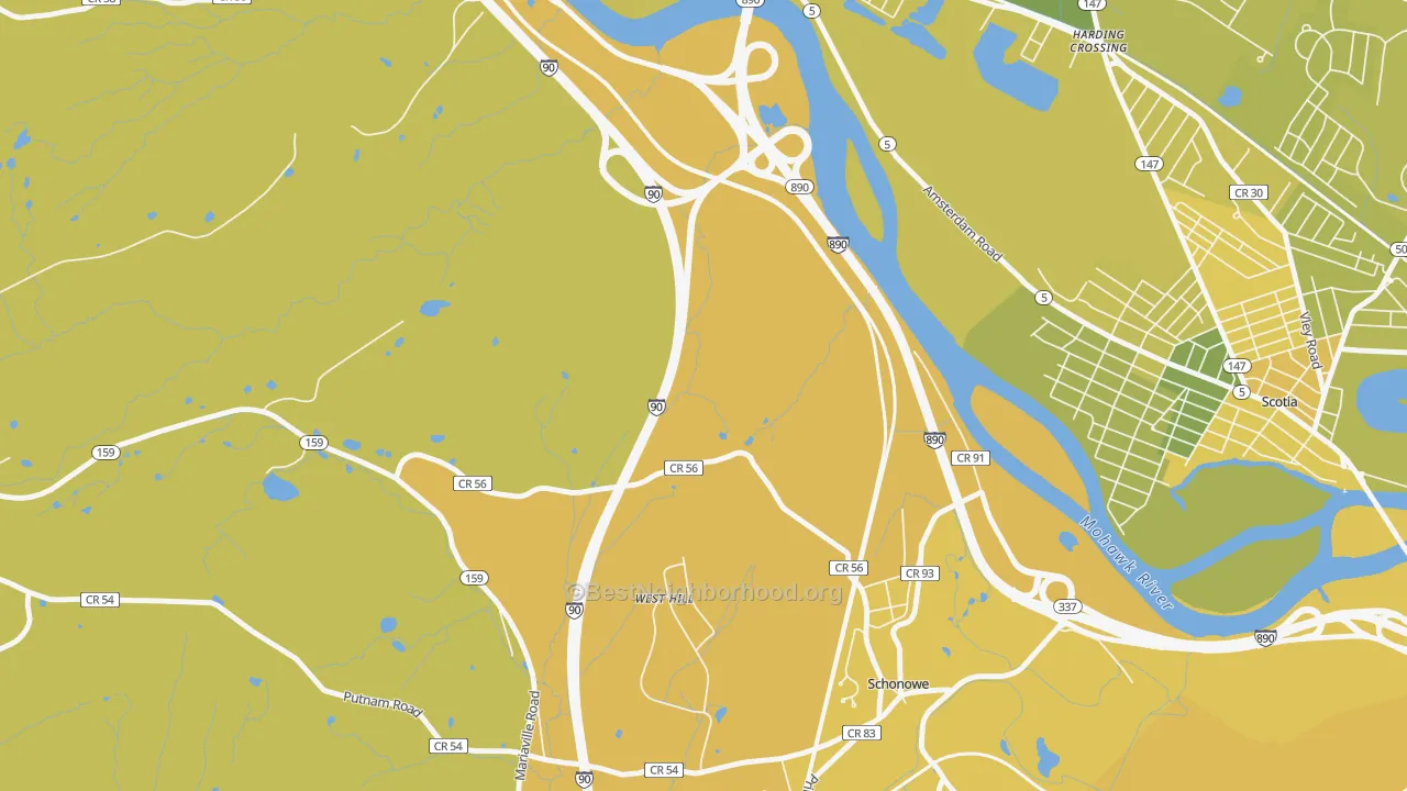 Map of the best neighborhoods in the Wyatts area, with better matches in green and worse matches in red