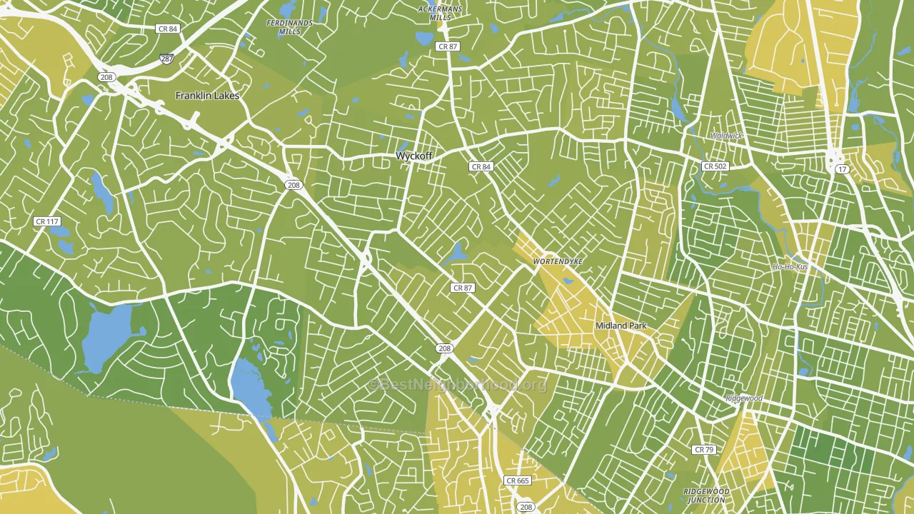 Map of the best neighborhoods in the Wyckoff area, with better matches in green and worse matches in red