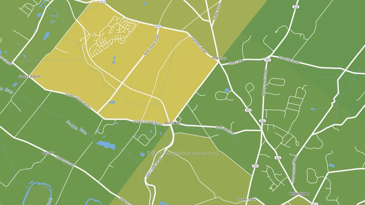 Map of the best neighborhoods in the Wycombe area, with better matches in green and worse matches in red