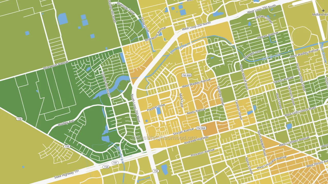 Map of the best neighborhoods in the Wydewood Estates, Midland area, with better matches in green and worse matches in red
