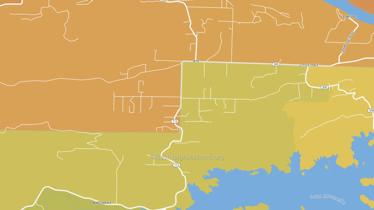 Map of the best neighborhoods in the Wye area, with better matches in green and worse matches in red