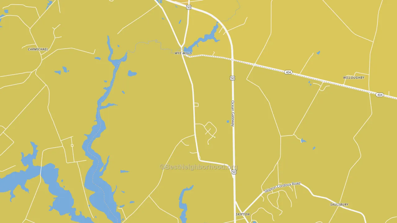 Map of the best neighborhoods in the Wye Mills area, with better matches in green and worse matches in red