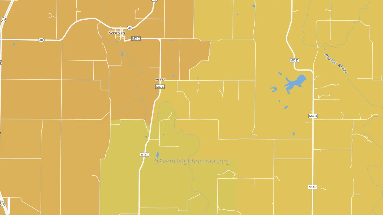 Map of the best neighborhoods in the Wyeth area, with better matches in green and worse matches in red