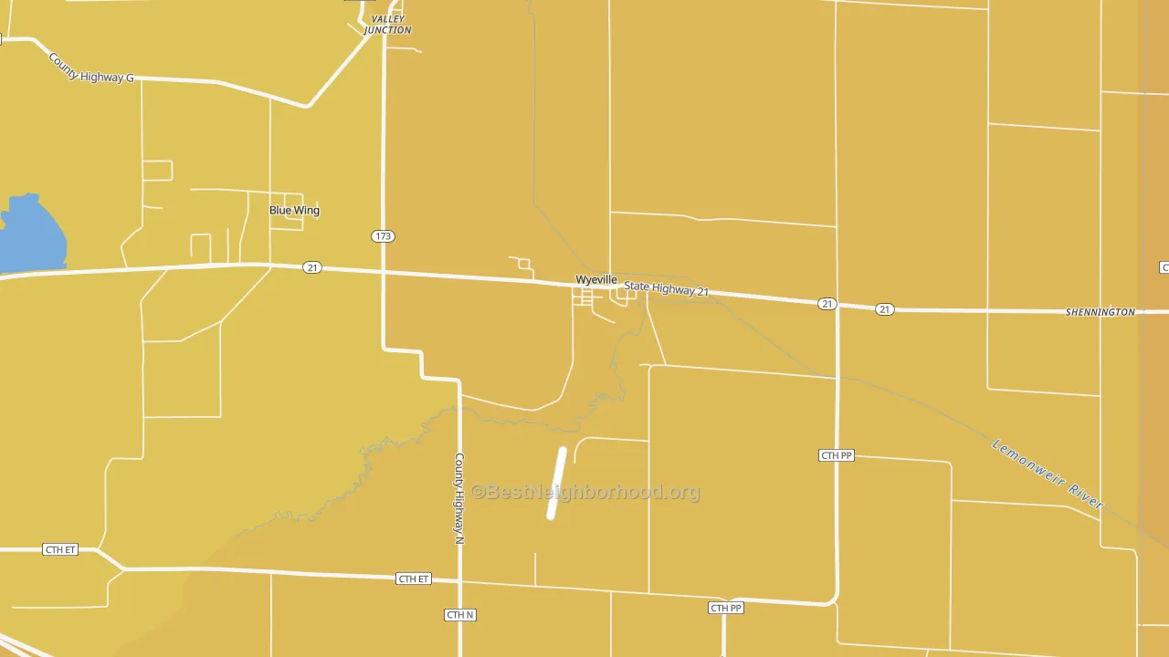 Map of the best neighborhoods in the Wyeville area, with better matches in green and worse matches in red