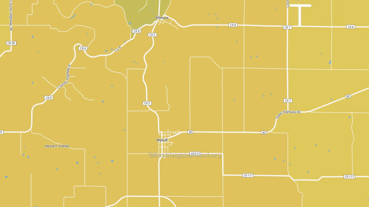 Map of the best neighborhoods in the Wykoff area, with better matches in green and worse matches in red