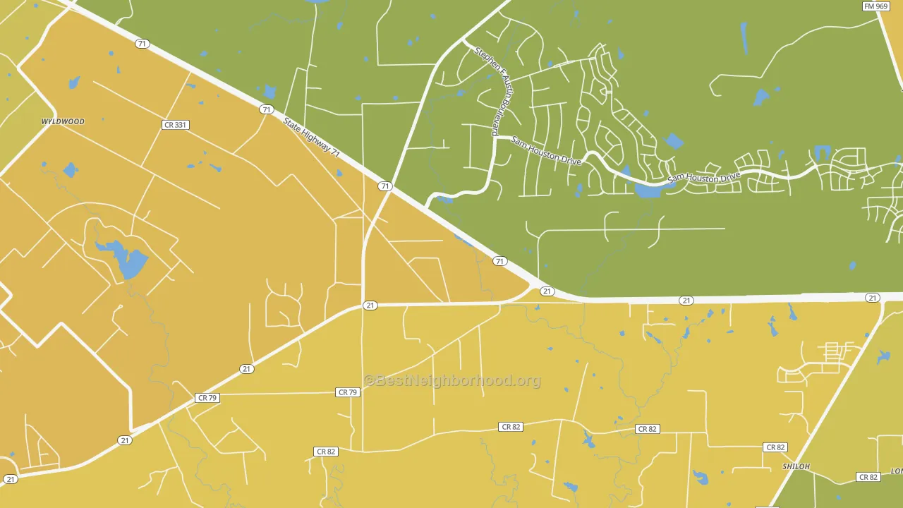 Map of the best neighborhoods in the Wyldwood area, with better matches in green and worse matches in red