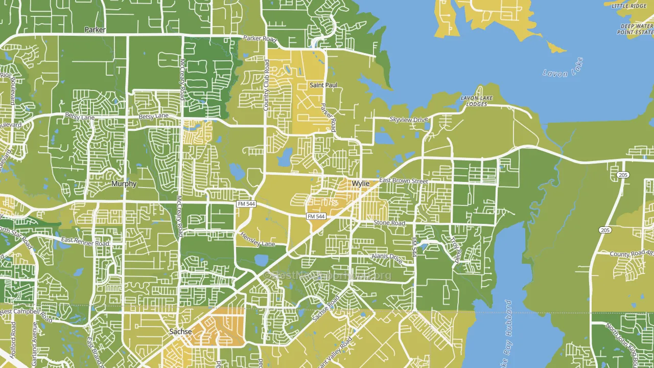 Map of the best neighborhoods in the Wylie area, with better matches in green and worse matches in red