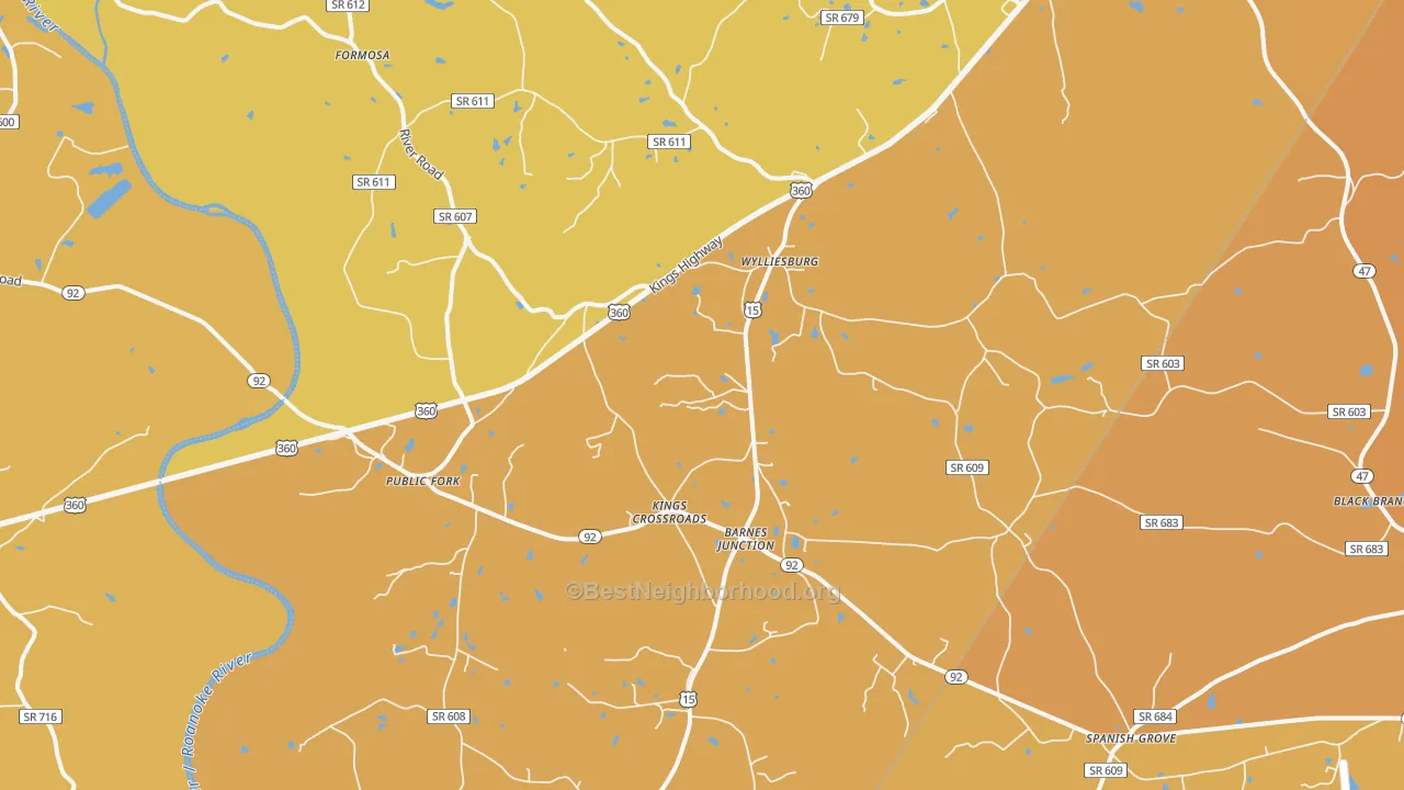 Map of the best neighborhoods in the Wylliesburg area, with better matches in green and worse matches in red