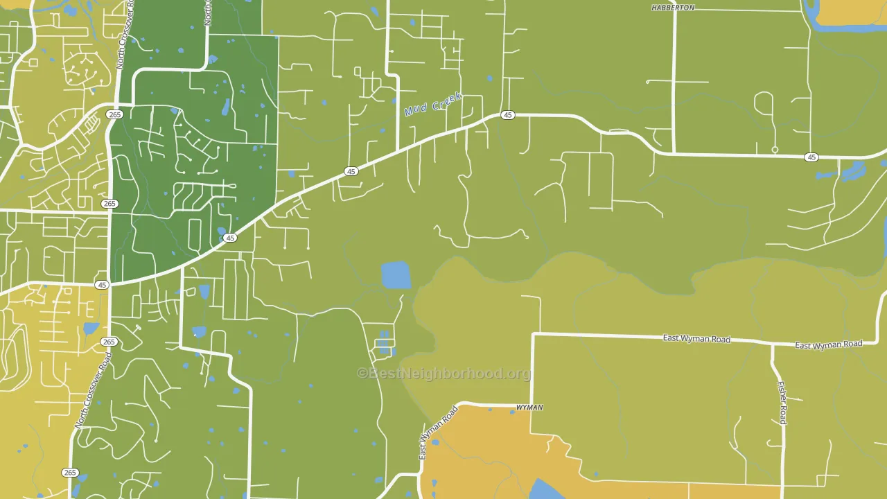 Map of the best neighborhoods in the Wyman area, with better matches in green and worse matches in red