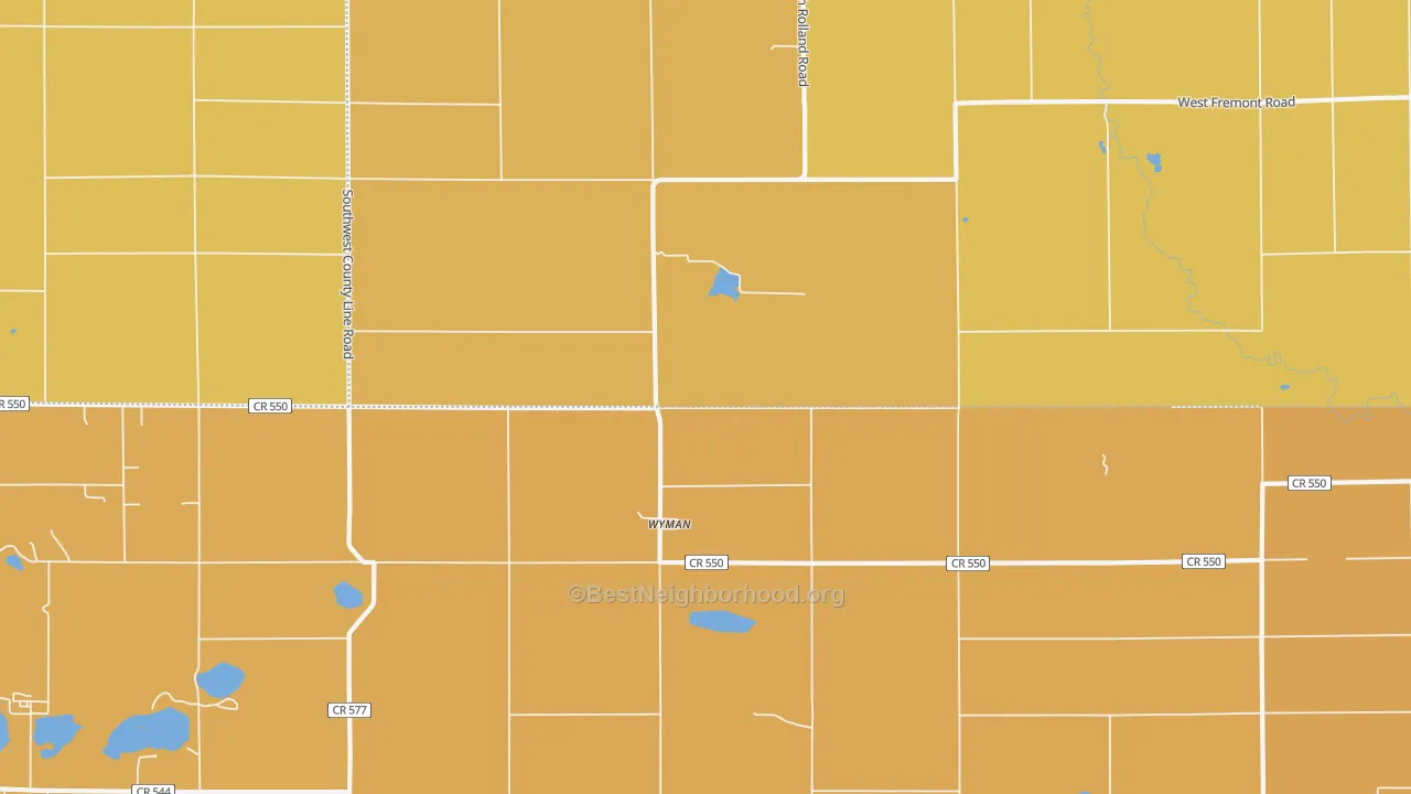 Map of the best neighborhoods in the Wyman area, with better matches in green and worse matches in red