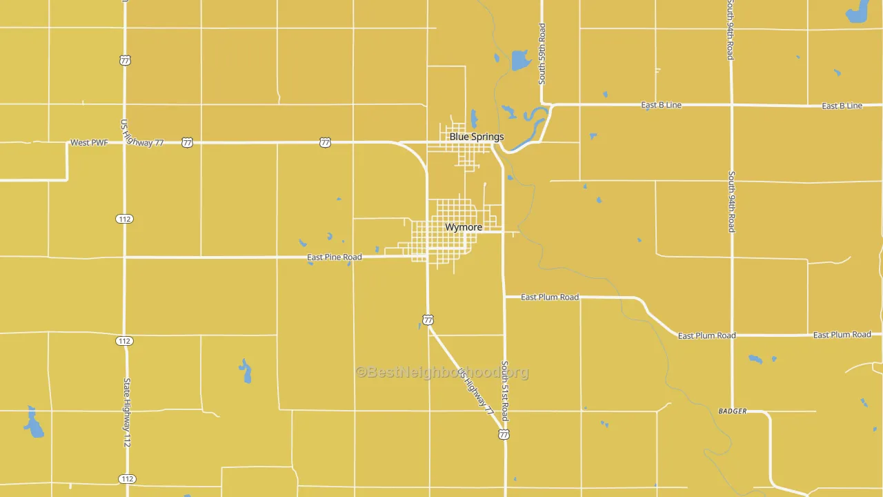 Map of the best neighborhoods in the Wymore area, with better matches in green and worse matches in red