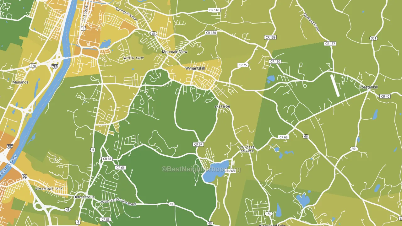 Map of the best neighborhoods in the Wynantskill area, with better matches in green and worse matches in red
