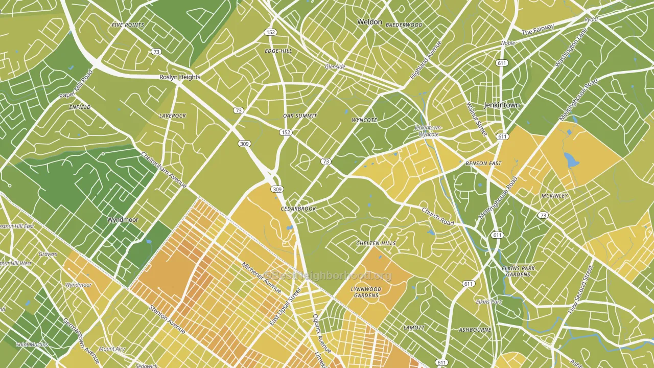 Map of the best neighborhoods in the Wyncote area, with better matches in green and worse matches in red