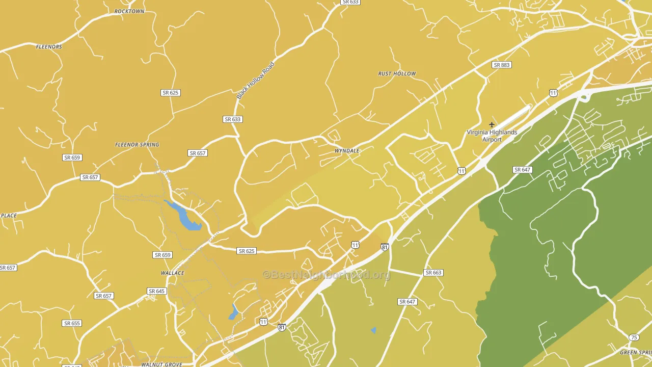 Map of the best neighborhoods in the Wyndale area, with better matches in green and worse matches in red