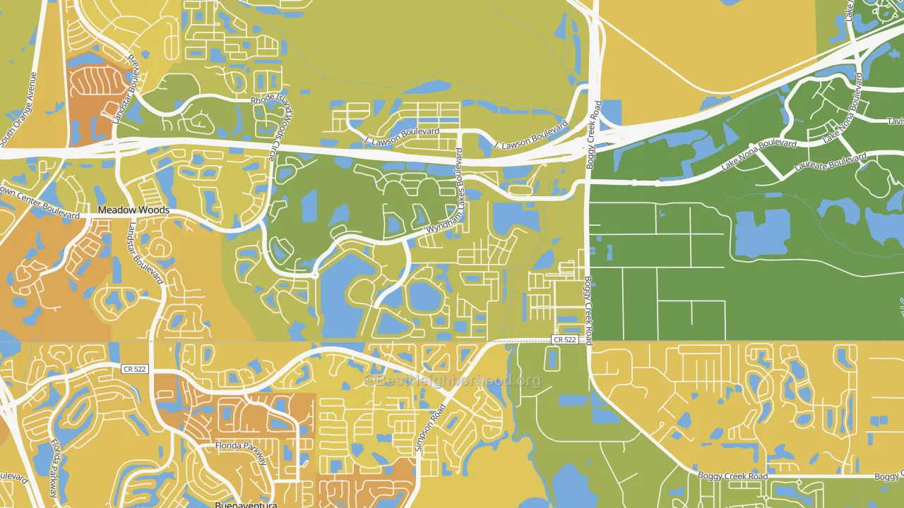 Map of the best neighborhoods in the Wyndham Lakes Estates, Meadow Woods area, with better matches in green and worse matches in red