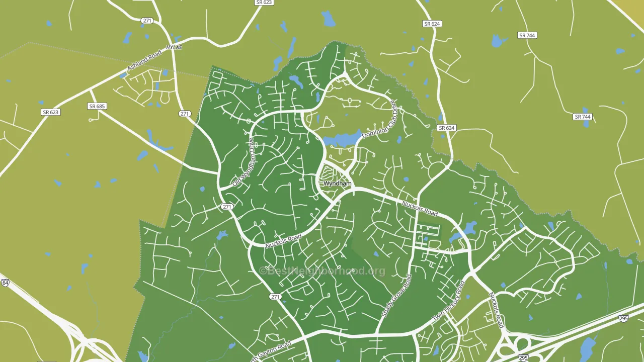 Map of the best neighborhoods in the Wyndham area, with better matches in green and worse matches in red