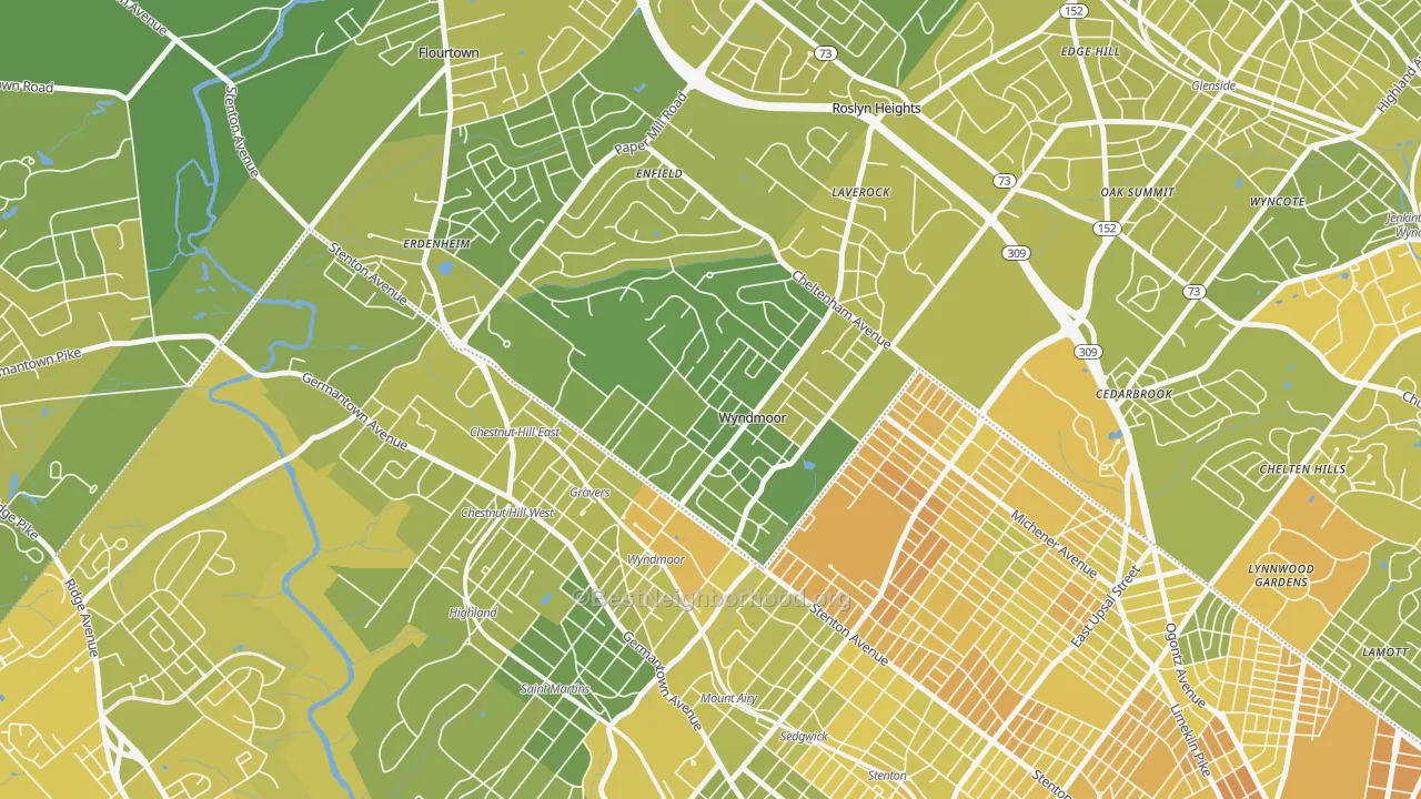 Map of the best neighborhoods in the Wyndmoor, Glenside area, with better matches in green and worse matches in red
