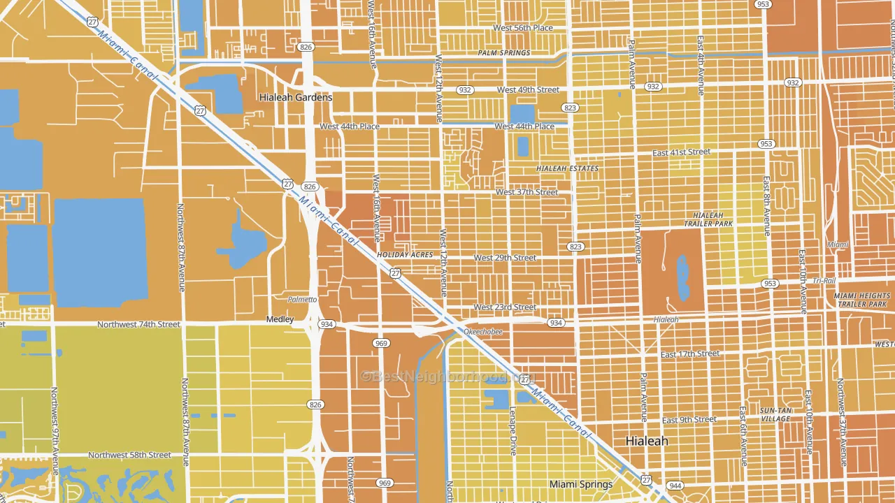 Map of the best neighborhoods in the Wynken Blynken anchor Nod, Hialeah area, with better matches in green and worse matches in red