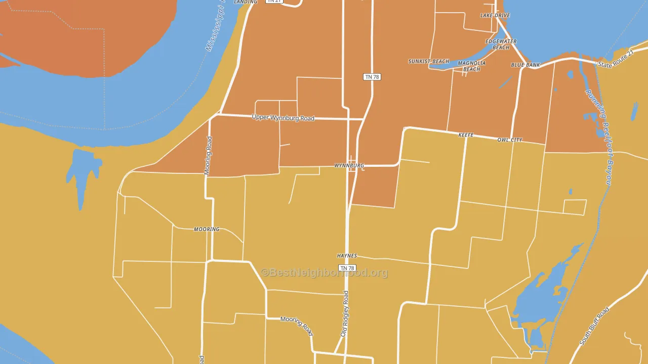 Map of the best neighborhoods in the Wynnburg area, with better matches in green and worse matches in red