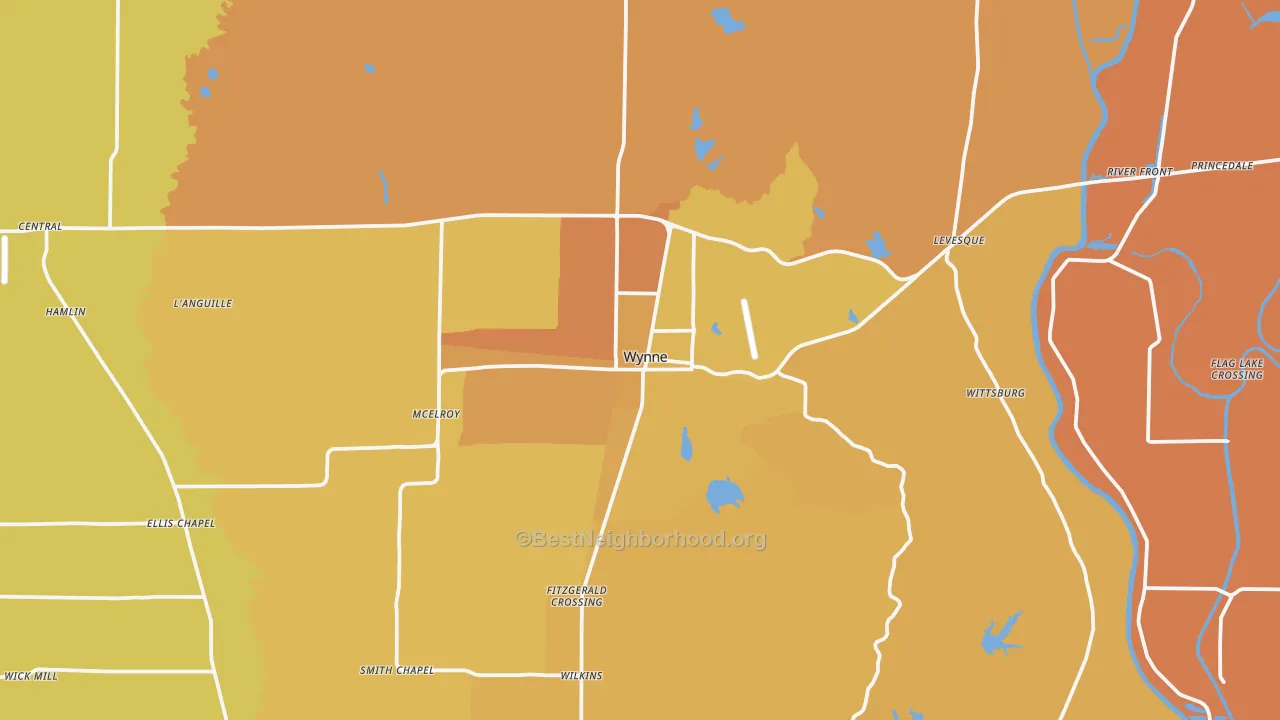 Map of the best neighborhoods in the Wynne area, with better matches in green and worse matches in red
