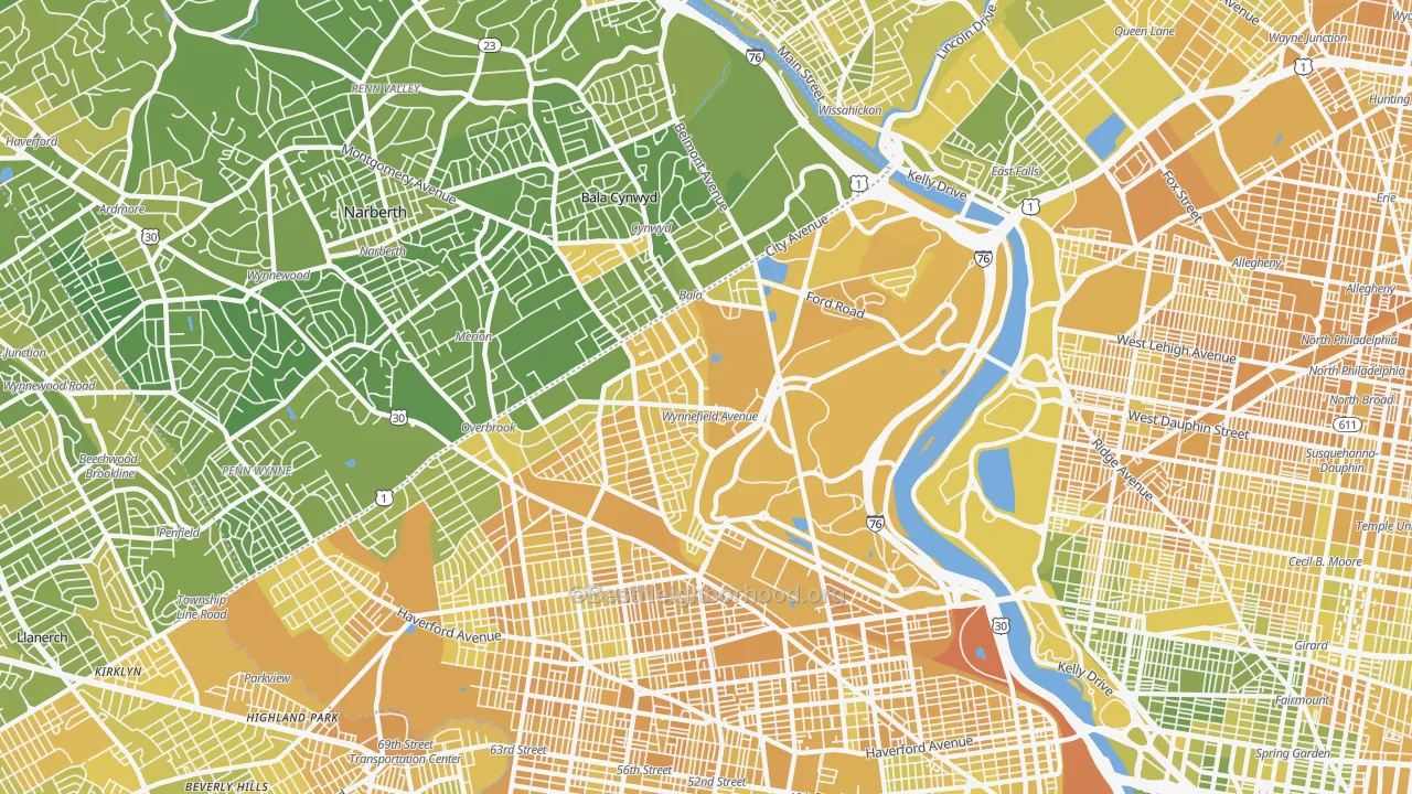 Map of the best neighborhoods in the Wynnefield, Philadelphia area, with better matches in green and worse matches in red