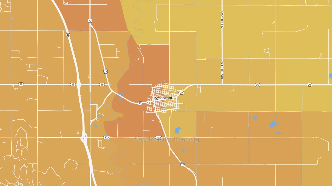 Map of the best neighborhoods in the Wynnewood area, with better matches in green and worse matches in red