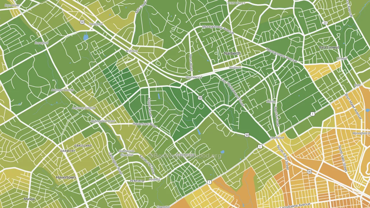 Map of the best neighborhoods in the Wynnewood area, with better matches in green and worse matches in red