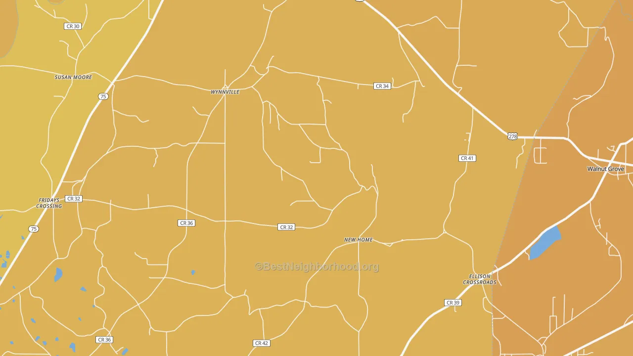 Map of the best neighborhoods in the Wynnville area, with better matches in green and worse matches in red